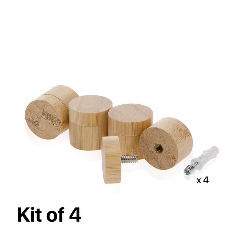 (Set of 4) 1-1/4'' Diameter X 3/4'' Barrel Length, Wooden Flat Head Standoffs, Matte Bamboo Wood Finish, Easy Fasten Standoff, Included Hardware (For Inside Use) [Required Material Hole Size: 5/16'']